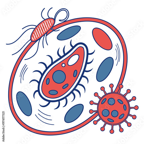 Amoeba organism interact with virus and parasite cells showcasing microscopic biological diversity for scientific publication and classroom education.