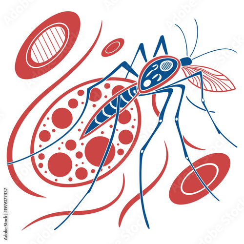 Illustration of a mosquito and blood cells depicting disease transmission, stylized art with red and blue colors on a white background, flat vector.