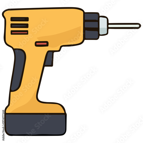 A yellow cordless drill with a black base and handle sits on a white background.