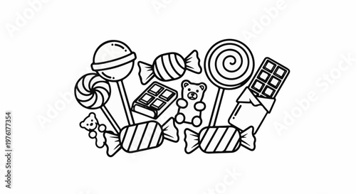 A collection of sweet treats including lollipops, chocolates, and gummy bears