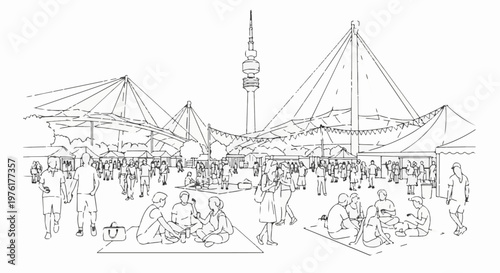 Sketch of a lively outdoor market with people enjoying leisure time