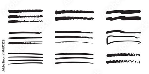 Set of black hand drawn brush strokes vector elements for underline highlight and text decoration illustration.