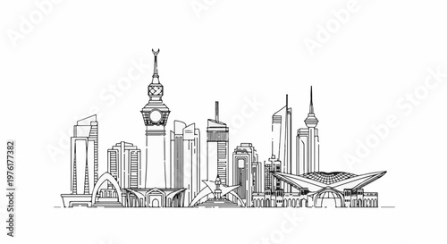 Sketch of a modern city skyline with diverse architectural styles