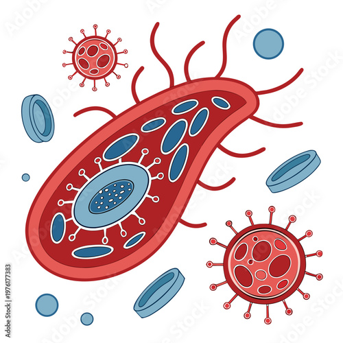 Medical illustration of a bacteria and viruses with red blood cells on a white background, concept of infection and illness.