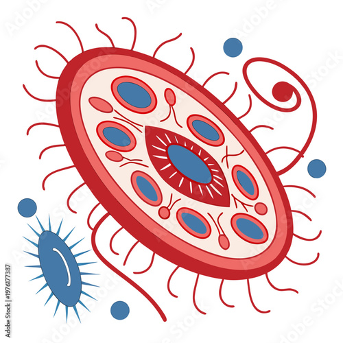 Abstract illustration of bacteria or virus cell with flagella and cytoplasmic structures depicting microscopic life forms and science.