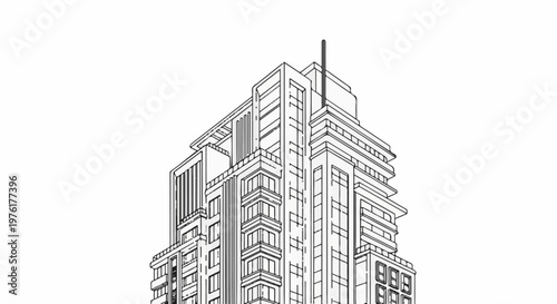 Sketch of a modern, multi-story building with geometric lines and many windows