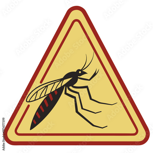 Warning sign featuring mosquito silhouette inside red triangle border on yellow background represents global health risk and disease prevention icon.
