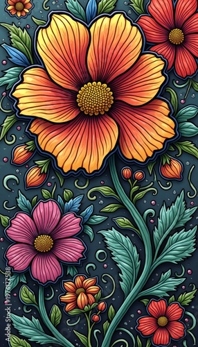 Seamless floral pattern design featuring a vibrant spring bouquet of yellow daisies and orange blossoms with green leaves for a beautiful nature wallpaper illustration