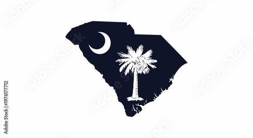 Silhouette of South Carolina state filled with a crescent moon and palmetto tree emblem