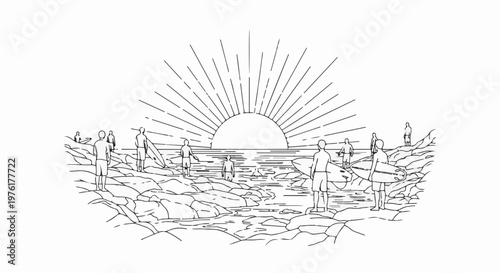 Silhouette of surfers on a rocky shore at sunrise with sun rays