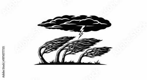 Silhouette of storm clouds with lightning striking wind-bent trees