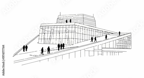 Sketch of people walking on a modern building's ramp and rooftop