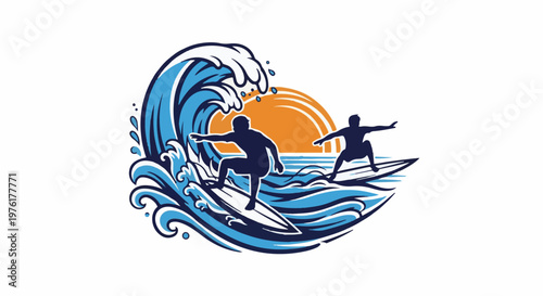 Silhouette surfers ride a big wave under a bright sun
