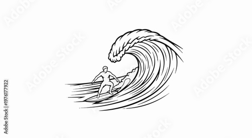 Silhouette of a surfer riding a large wave, depicted in a stylized black and white drawing