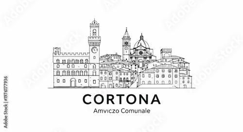 Sketch of historic Italian town with clock tower and dome