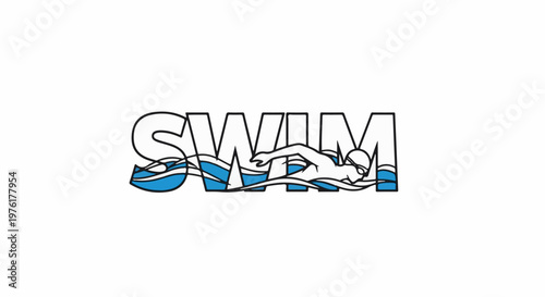 Silhouette of a swimmer with goggles and cap inside the word "SWIM