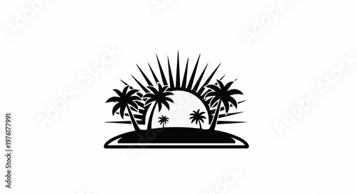 Silhouette of a tropical island with palm trees under a radiant sun