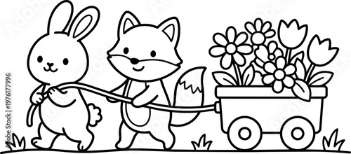 Cute rabbit and fox pulling flower cart line art vector