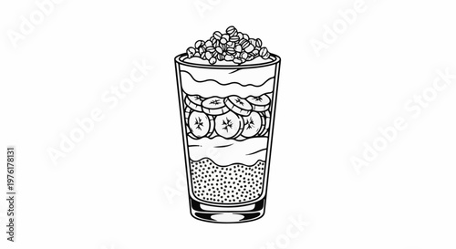 A layered dessert in a tall glass with fruit and seeds