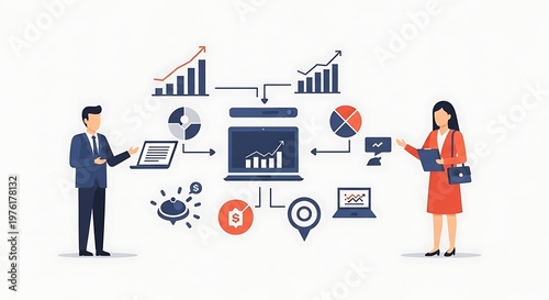 Business data analysis teamwork concept financial charts marketing strategy collaboration digital analytics report modern flat illustration.
