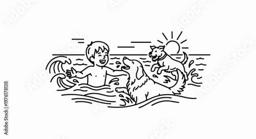 A boy happily plays with two dogs in the ocean under the sun