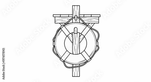 A life preserver is suspended by ropes from wooden posts and crossbeams