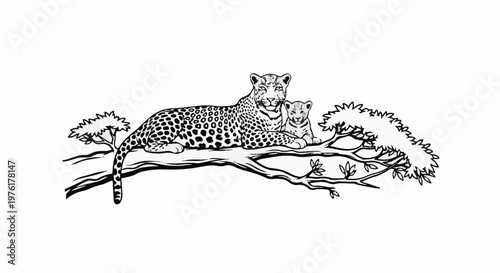 A leopard mother and cub rest on a thick tree branch with sparse foliage