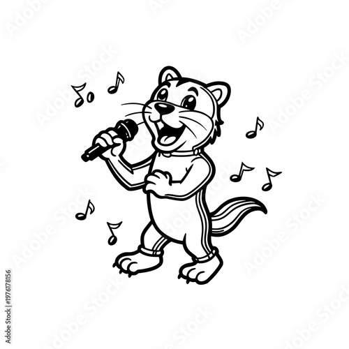 A cartoon beaver or otter-like animal singing into a microphone with musical notes floating around it, black and white line art.