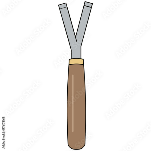 A close-up illustration of a gardening tool with a brown handle and metal prongs.