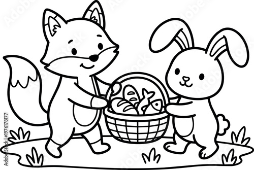 Cute fox and rabbit holding picnic basket with bread and fish line art