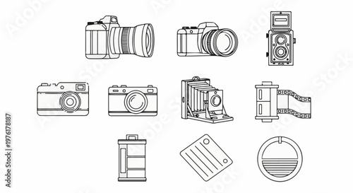 A collection of vintage and modern cameras, film rolls, and a lens cap