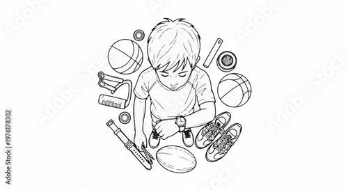 A boy looks down at his watch surrounded by sports and musical equipment