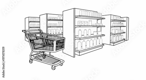 A line art drawing of a shopping cart in front of retail store shelves filled with products