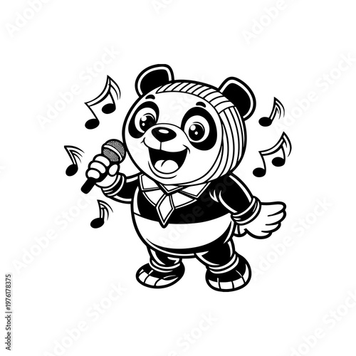 A cheerful cartoon panda character singing into a microphone with musical notes floating around, black and white illustration.