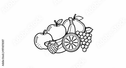 A line art illustration of a bountiful arrangement of fresh, ripe fruits