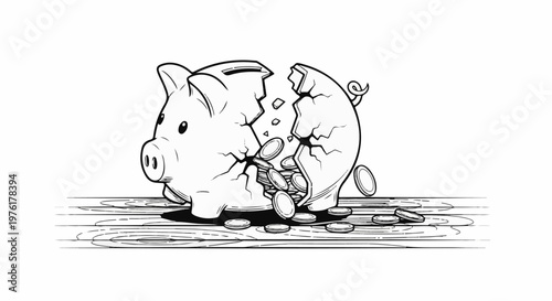 A broken piggy bank spills coins onto a wooden surface