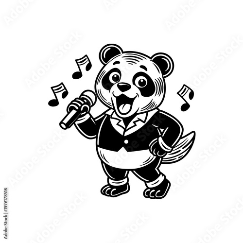 Black and white cartoon illustration of a happy panda wearing a suit, singing into a microphone with musical notes around it.