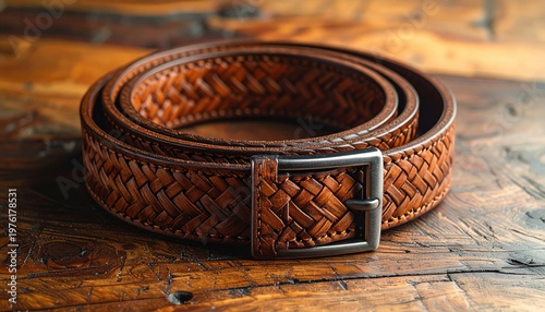 Tightly Woven Leather Belt with Metal Buckle on Wooden Surface, Showcasing Classic Style and Craftsmanship