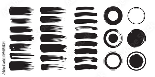 Round ink frames and black paint brush strokes collection for minimal logo design and artistic border elements.