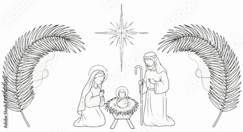A line drawing depicting a Nativity scene with Mary, Joseph, and baby Jesus under a star