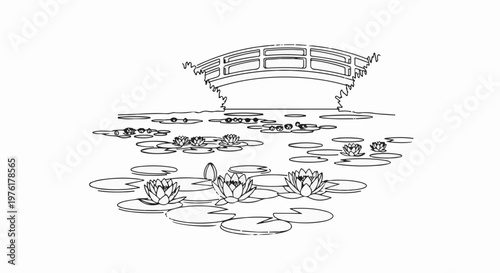 A line drawing depicts a bridge over a pond filled with water lilies and lily pads