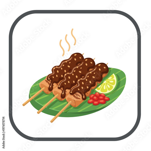 Appetizing grilled skewers smothered in creamy peanut sauce, served with a fresh lime slice on a banana leaf, a flavorful Southeast Asian delicacy