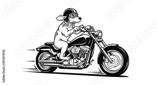 A cartoon dog wearing a helmet and goggles rides a motorcycle at speed