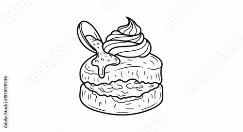 A cartoon drawing of a biscuit, split with cream and drizzled with syrup