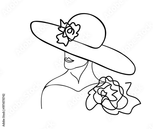 A woman wearing a wide-brimmed hat with flowers. Simple linear style.