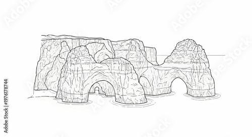 A line drawing depicts layered rock formations with arches and sea caves on the water