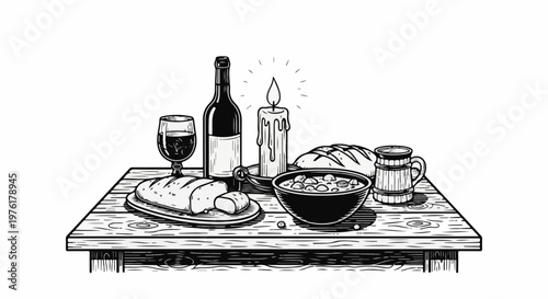 Rustic table setting with bread, stew, wine, mug, and candle