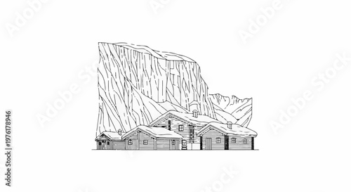 Rustic mountain chalets nestled beneath a majestic cliff face