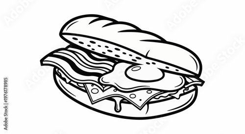 A cartoon-style black and white illustration of a breakfast sandwich
