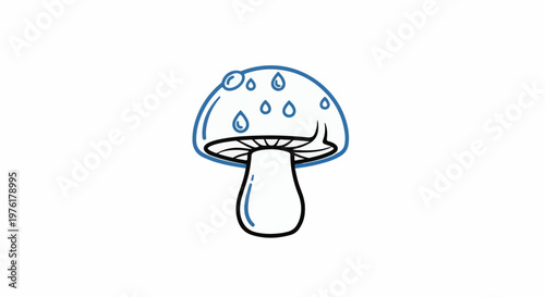 A cartoonish mushroom with blue outlines and water droplets